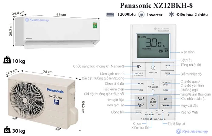thông số kỹ thuật Điều Hòa Panasonic 12000 2 Chiều Inverter Cao Cấp XZ12BKH-8